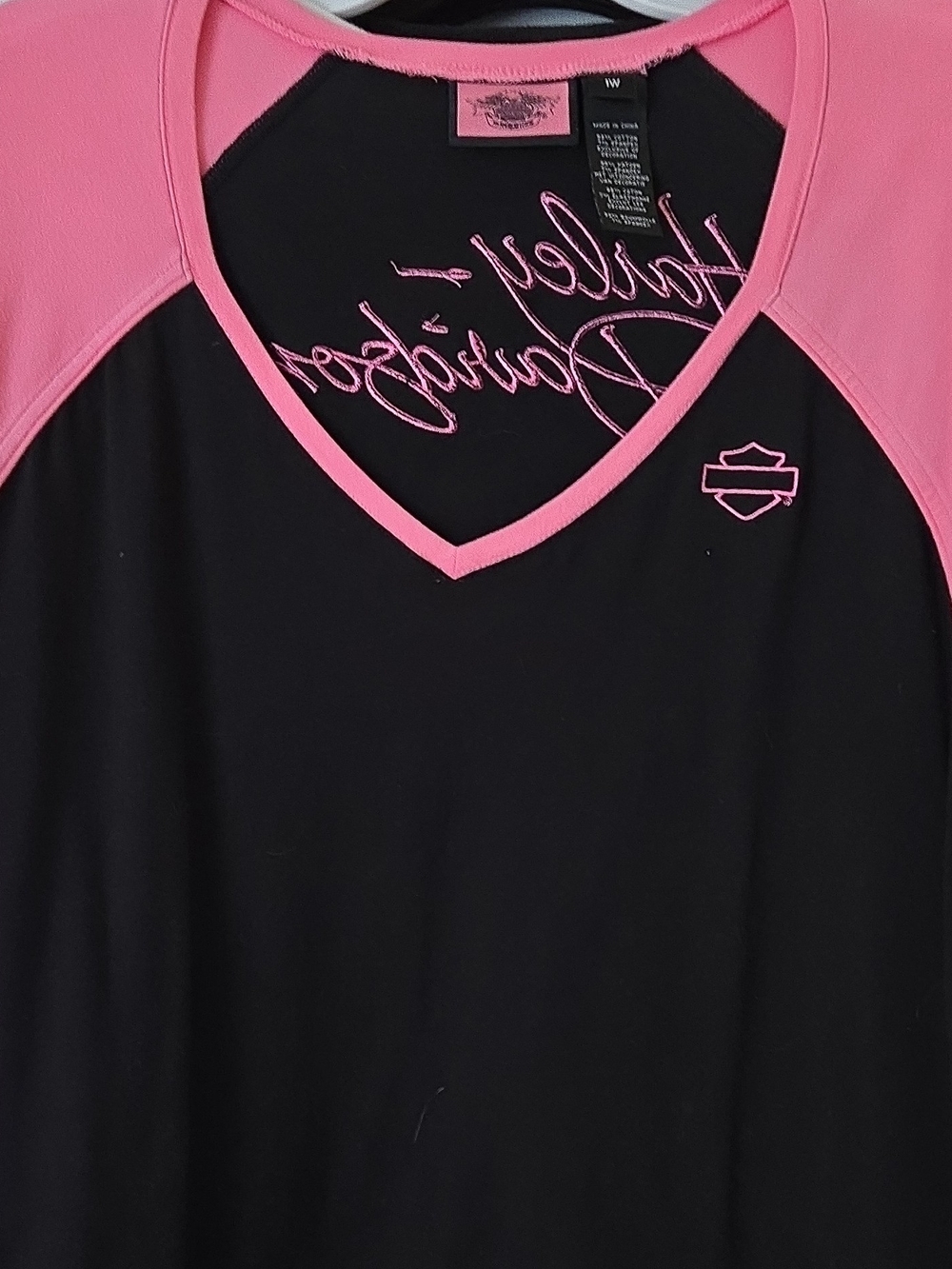 Harley-Davidson Black V-Neck Tee with Pink Raglan Accents